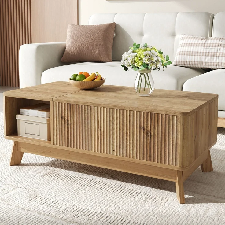 Merax Couchtisch mit Hubfunktion, Wellenoptik, offenes Seitenfach, MDF-Material, Moderner Stil, Natur – Bild 5