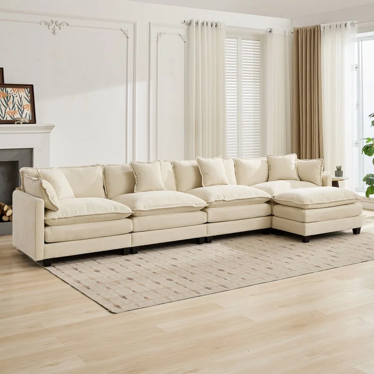 ZUBALIYA Sofa mit LED - Beleuchtung, mit Chenille - Bezug, mit Cordbezug, modular aufgebaut, aus Chenille, Beige – Bild 8