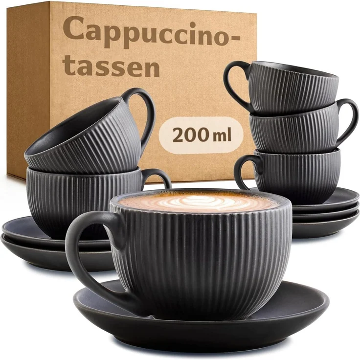 Cosumy Cappuccinotasse 6er Set mit Untertassen - 200 ml Kapazität - mattes Streifendesign, 12-tlg, Keramik, Dickwandig, hält lange warm, spülmaschinen- & mikrowellenfest, matt – Bild 1