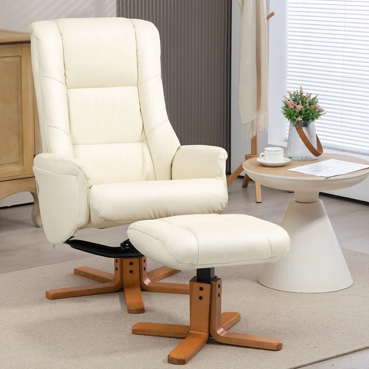 HOMCOM Relaxsessel mit Hocker, Kunstleder, Holz, Cremeweiß, 71L x 84B x 102H cm – Bild 2