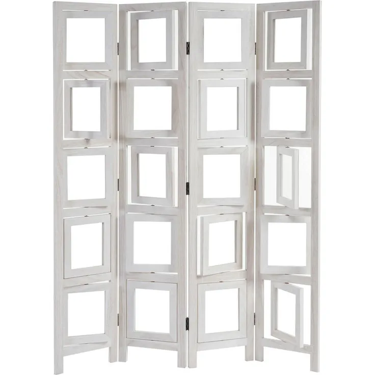 MCW Paravent mit Fotofenstern, Weiß, Holz, 4 Paneele, 125x161x2 cm, beidseitig verwendbar, staubgeschützte Bilderrahmen