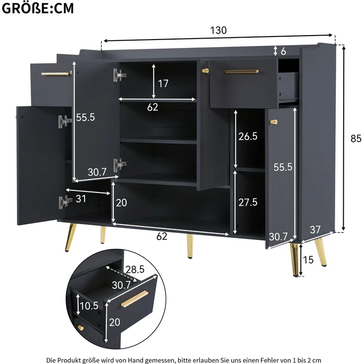 Merax Schuhschrank, Schuhregal mit 2 Schubladen und 4 Türen, Metallfüße, Maße: B130/W37/H100, schwarz – Bild 4