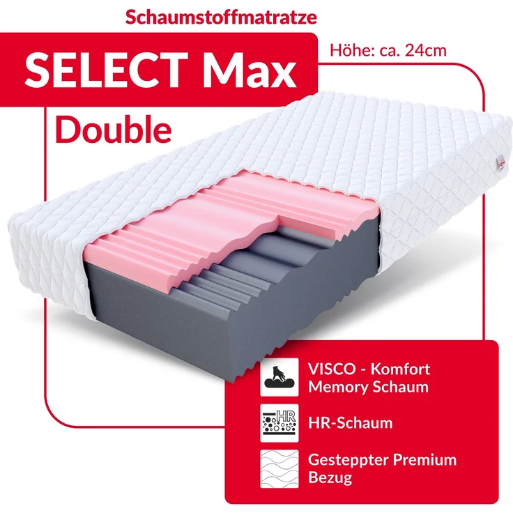 Matratze 140x200 Kaltschaum SELECT MAX DOUBLE Visco Schaum Polyurethanschaum H3/H4 24 cm JERSEY – Bild 5