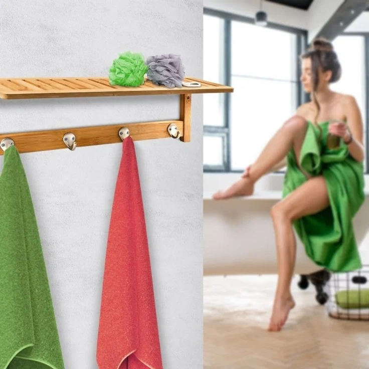 Relaxdays Wandregal mit 4 Haken, Bambus natur, 50 x 16 x 18 cm – Bild 3