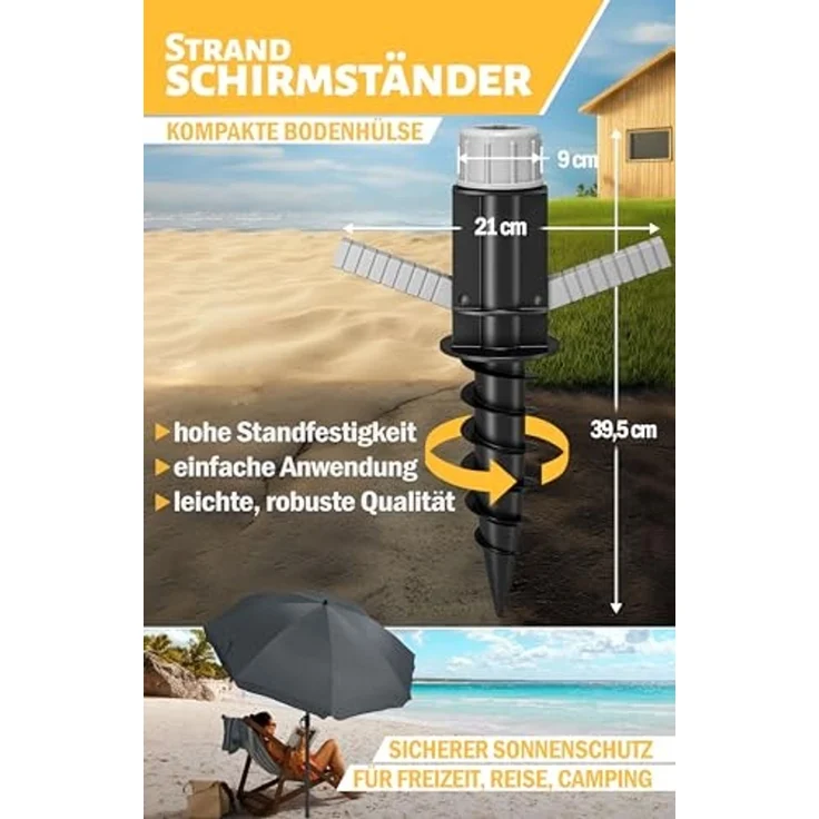 Menz Sonnenschirm Strand in Anthrazit - Komplettes 3er-Set inkl. robustem Sonnenschirm + solider Bodenhülse + langlebiger Schutzhülle, Strandschirm windfest stabil, Strandschirm mit UV50+ Schutz – Bild 4