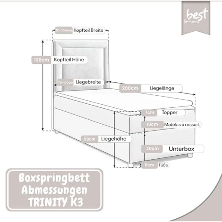 Best for Home Boxspringbett mit Bettkasten Trinity K3 SINGLE Bonell-Matratze inkl. 7 cm Topper (Einzelbett, Polsterbett mit gepolstertes Kopfteil, Jugendbett, Kinderbett versch. Größen, 70x200 80x200 90x200 100x200 cm), verschiedene Liefermöglichkeiten... – Bild 2