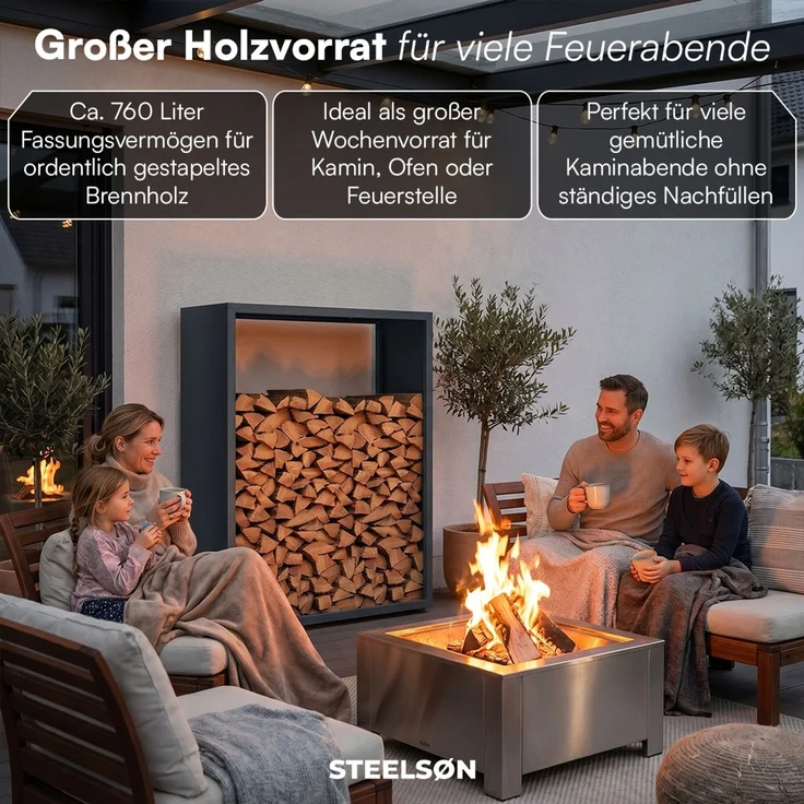 STEELSØN ‚Keid’ Kaminholzregal 150x120x42,5 cm, Brennholz Regal für innen/außen, rostfrei & wetterfest, stabil aus Metall, anthrazit – Bild 2