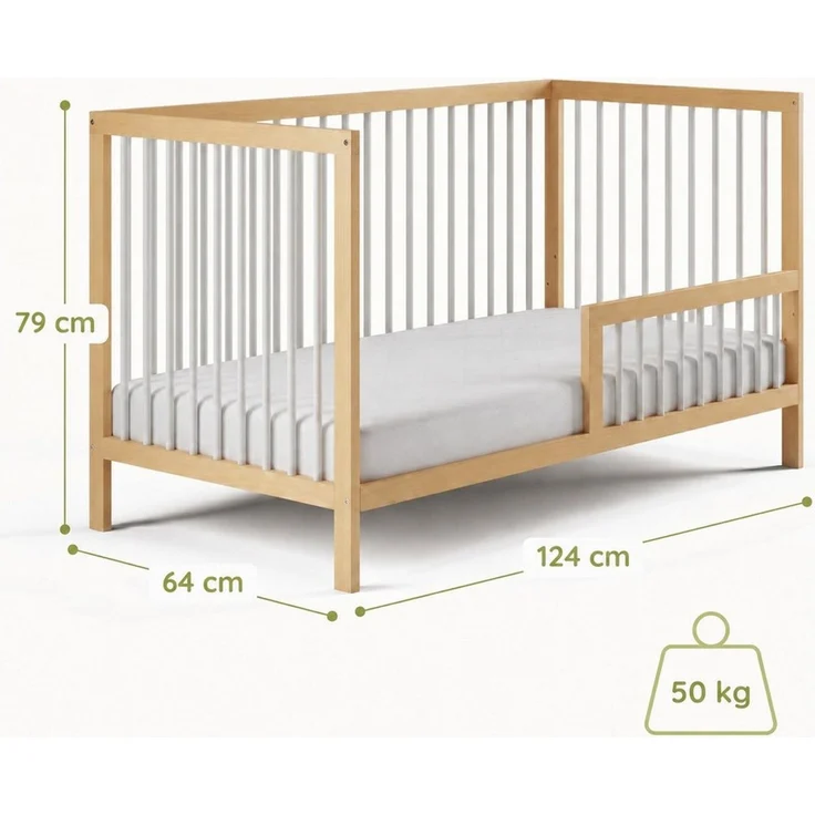 Kids Collective Babybett Kinderbett Gitterbett Baby Bett mit Rausfallschutz 60x120 70x140, stabiles Buchenholz, made in Europe 60x120 cm Natur und Weiß – Bild 3