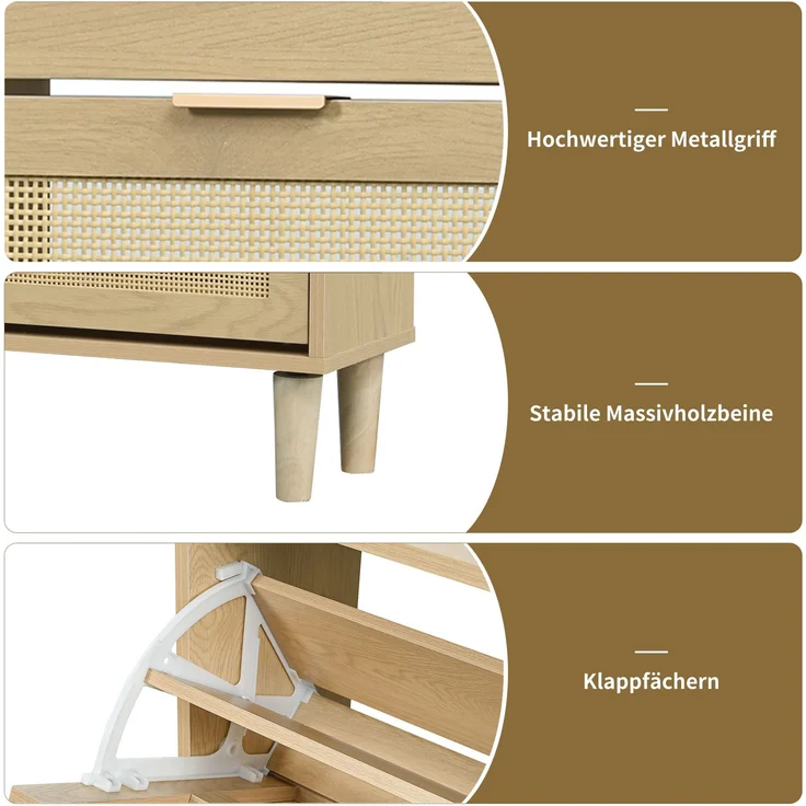 Abrihome Schuhkommode mit Rattan-Schubladen, Hellbraun, 26x43x114 cm – Bild 5