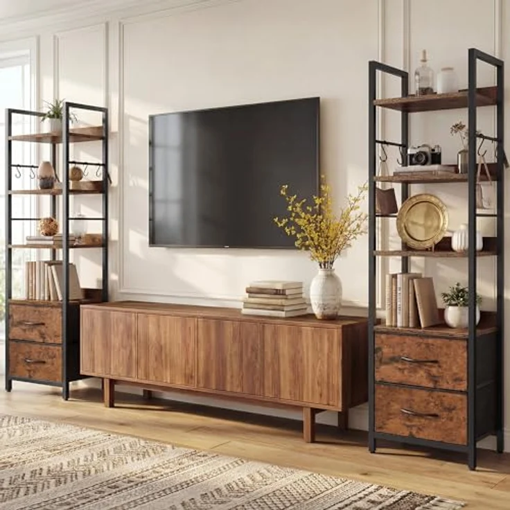 YITAHOME Industrie-Bücherregal, 4-stöckiges Regal mit verstellbaren Einlegeböden und 2 Stoffschubladen, freistehendes Präsentationsregal mit Metallrahmen für Wohnzimmer,Rustikales Braun – Bild 4