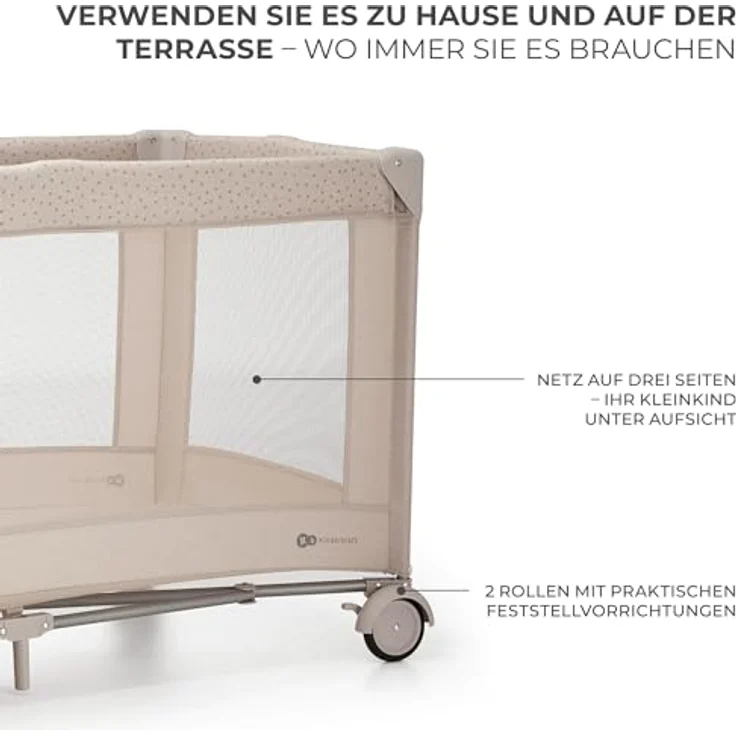 Kinderkraft Joy 2 Acc Kinderbett, 3 in 1 Kinderreisebett, Babybetten, Kinderbett, Reisebett, Modernes Design, Kleine Abmessungen nach Zusammenklappe, Praktisches Zubehör, Räder, Beige – Bild 7