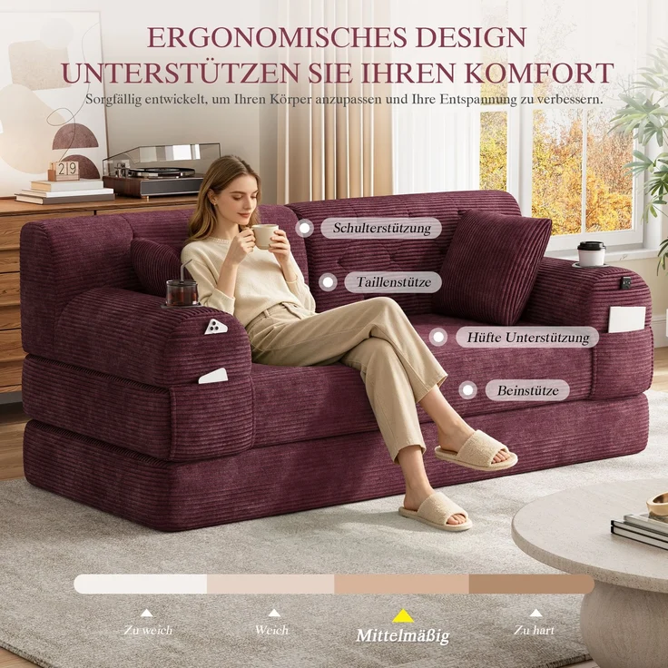TavilaEcon 2-Sitzer Schlafsofa, komprimiertes Cord Sofa mit hoher Rückenlehne rot 81 × 80 × 168 cm (H × T × B) – Bild 6