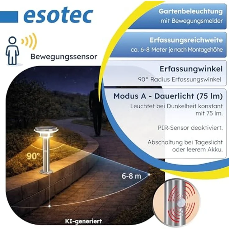 esotec LED Solarleuchte PIR Edelstahl Standleuchte Tini H=45cm 4000K 40 LEDs outdoor 102596, LED fest integriert – Bild 4