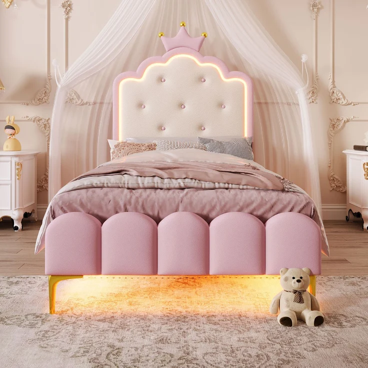 Prinzessinnenbett Kinderbett 90x200 rosa mit LED-Ambientebeleuchtung Metallfüße Kunstleder Polsterbett – Bild 4