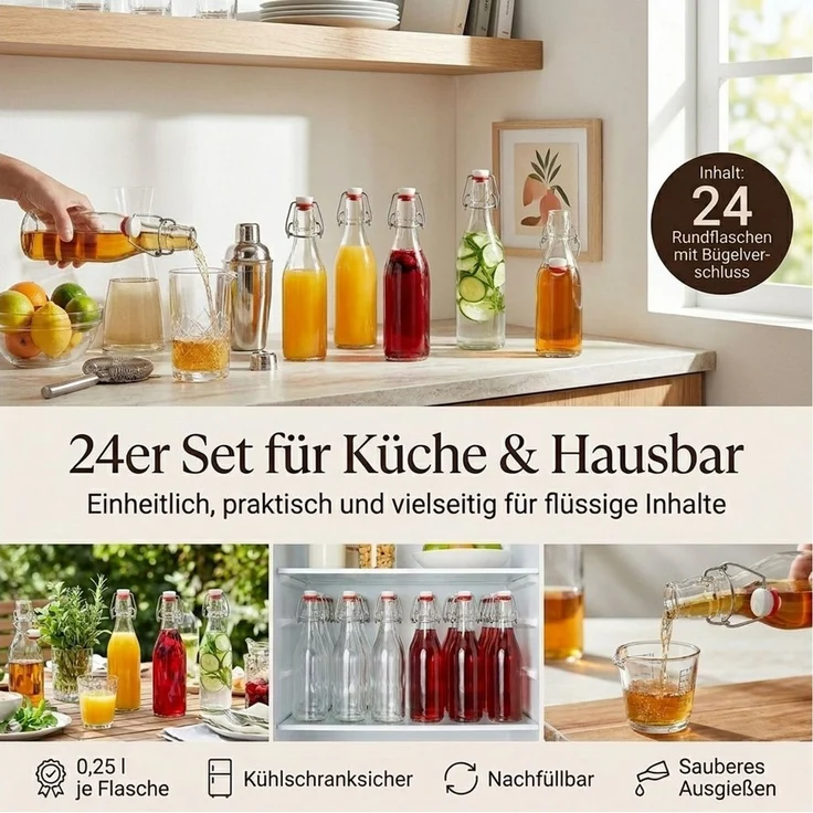 gouveo Trinkflasche gouveo 24er Set Glasflasche 250 ml rund mit Bügelverschluss (BFR250), 24er Set Mehrweg-Bügelflaschen 250 ml – auslaufsicher – Bild 2