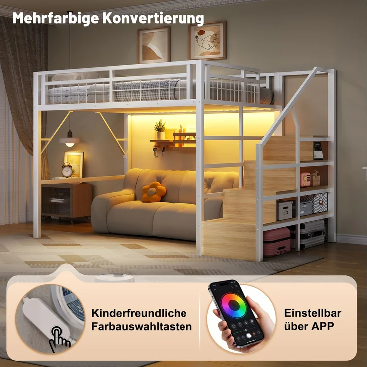 CHICFURN Hochbett Metall und MDF Weiß 140x200 cm mit LED-Beleuchtung und Stauraumtreppe – Bild 4