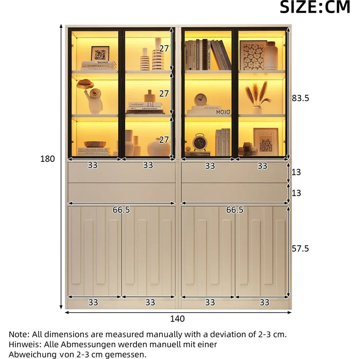 Vitrinen-Set 140 x 34 x 180 cm in Weiß mit Glastüren, Schubladen und LED-Beleuchtung – Bild 7
