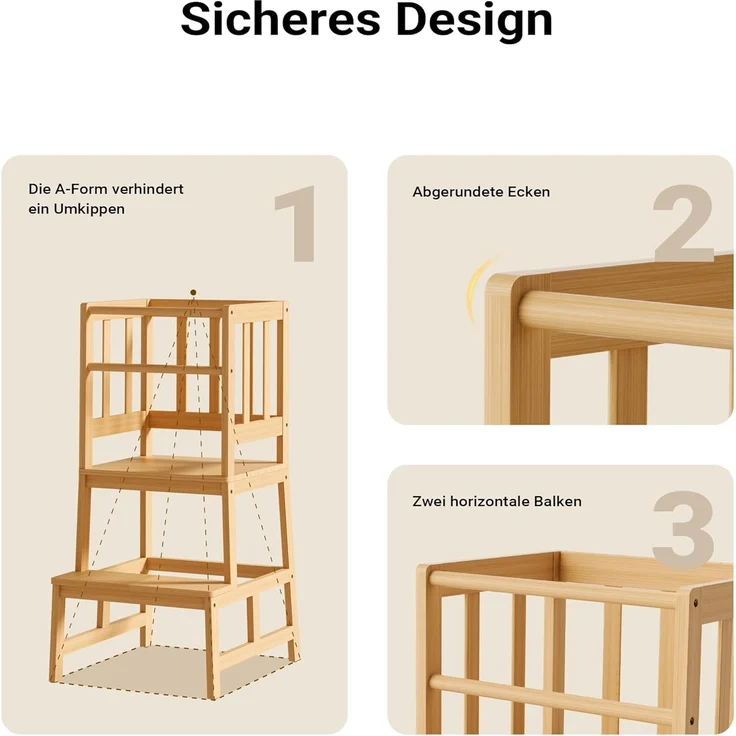 Toboli Kinderstuhl Lernturm aus Bambus, BxTxH 46 x 46 x 89 cm mit Geländer, Schutzstab, Lernstuhl für Kinder, Braun – Bild 5