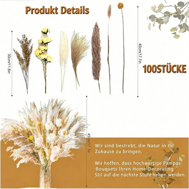 Trockenblume Natürliche Pampasgras Deko 100 Stück DIY Trockenblumen für Pampasgras Schilfgras, Hasenschwanzgras, Goldkugelgras und flauschiges Gras, ibettertec, Höhe 43 cm, Ideal for Boho Wohnzimmer-Schlafzimmer-und Vasen Deko – Bild 2
