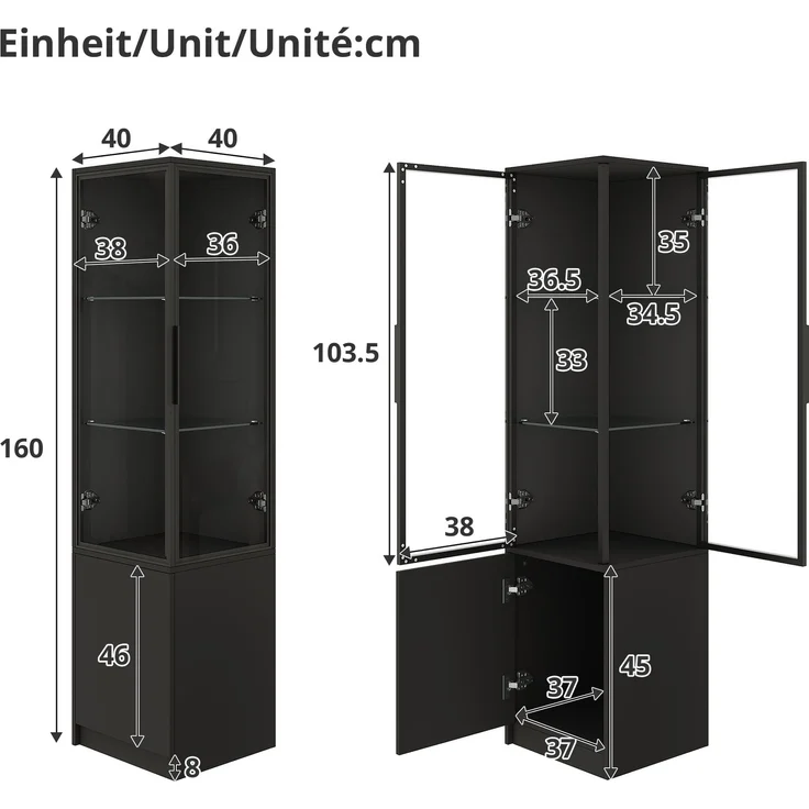Flieks Eckschrank 40 x 40 x 160 cm, Vitrine mit gehärteten Glastüren, Aluminiumrahmen, LED-App-Steuerung, Schwarz – Bild 4