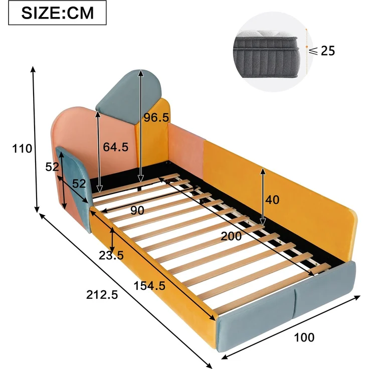 TavilaEcon Polsterbett Weiches Bodenbett mit gepolstertem Kopfteil & Fallschutz Blau+Pink+Orange Liegefläche 90 × 200 cm – Bild 6
