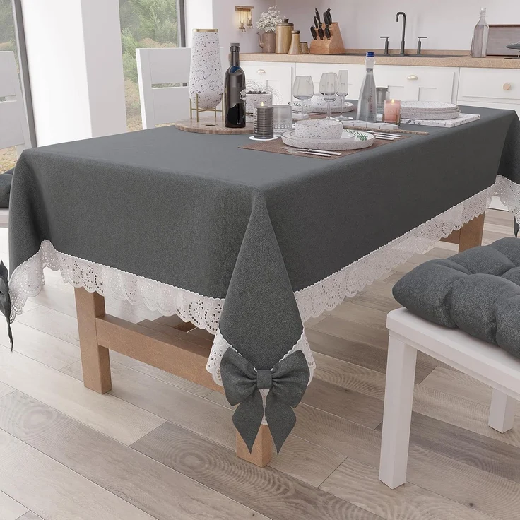 PETTI Artigiani Italiani - Tischdecke, Tischdecke, rechteckige Küchentischdecke mit Sangalla-Spitze und Schleifen, Tischdecke einfarbig aus Baumwolle, X6-Sitzer (140x180 cm) Dunkelgrau