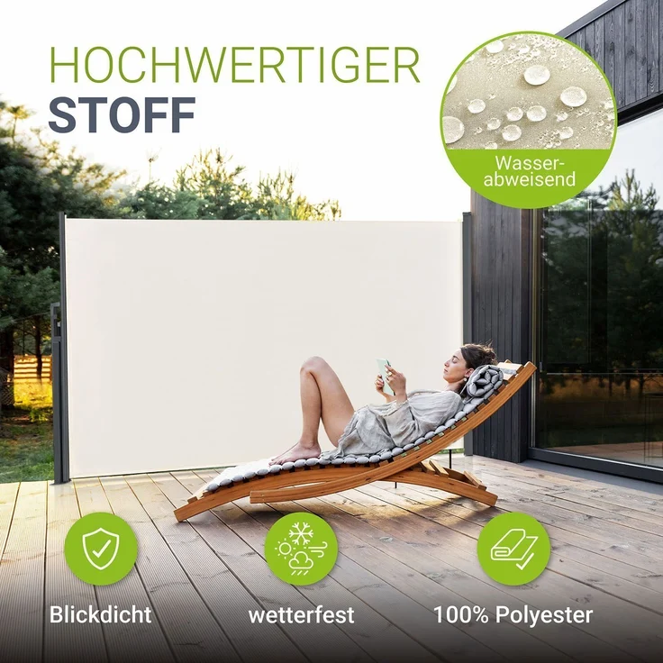Juskys Seitenmarkise Dubai 300 x 160 cm ausziehbar blickdicht, Sichtschutz für Balkon & Terrasse, Seitenrollo mit Wandhalterung – beige – Bild 5