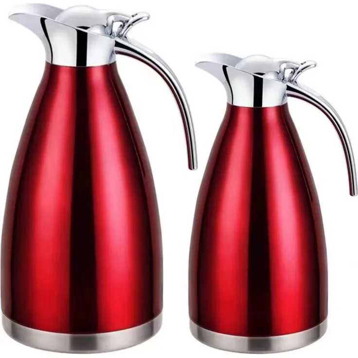 2er Set Thermoskanne 1L + 1,5L Isolierkanne Teekanne Thermosflasche Kaffeekanne Rot