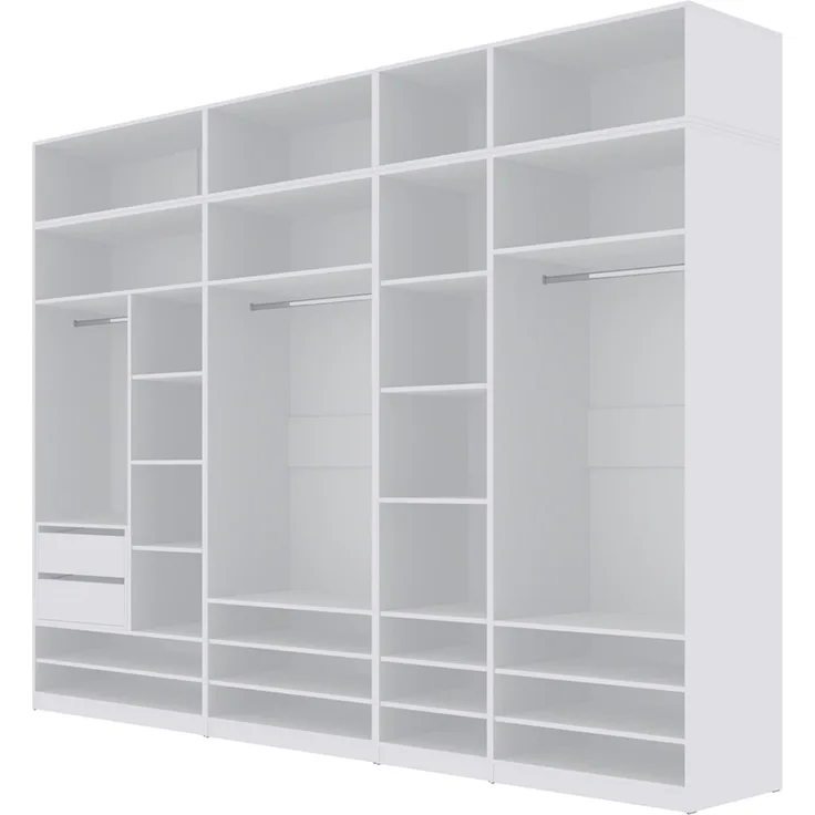 Marmex Möbel Tres Set-Q/N (B) Modulares Schranksystem für das Schlafzimmer, offener Kleiderschrank mit Aufsatz, Garderobenschrank-Set für Kleidung, Schuhe, laminierte Spanplatte, weiß 300x246x51 cm