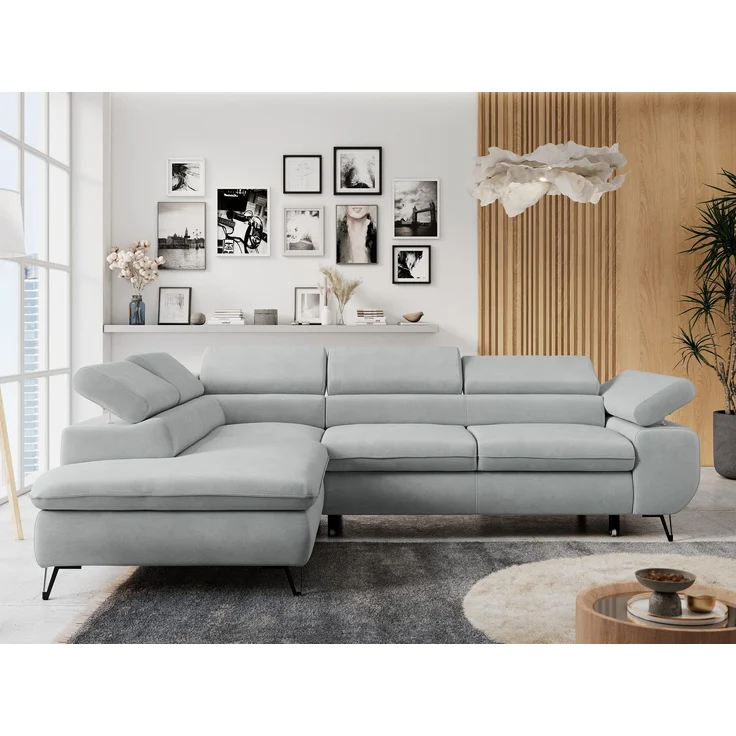 Mks Möbel 'Peter L-form' Ecksofa mit Bettfunktion, Bettkasten & einstellbaren Kopfstützen, Hellgrau, Mikrofaser, mit Topper, links