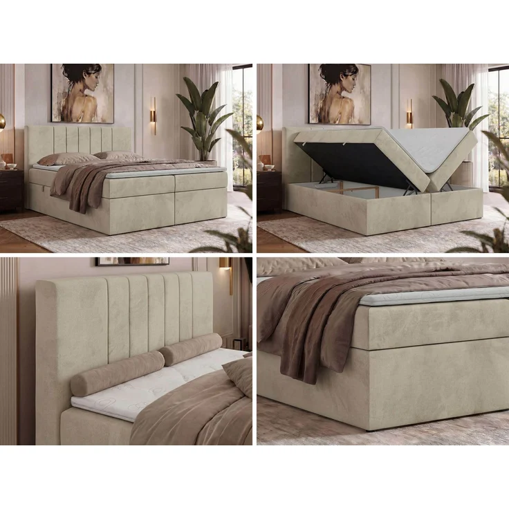 Boxspringbett INERO 140 x 200 mit Matratze H4 und Topper Visco, 7-Zonen-Multipocket-Kern, zwei Bettkästen, Doppelbett, gepolstert Kopfteil - Beige Velvet – Bild 2