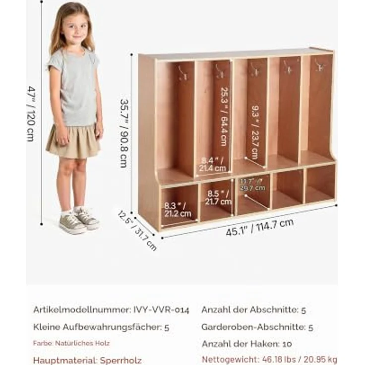 VEVOR Offener Kinderkleiderschrank, Garderobe mit 10 Haken & 10 Fächern (5 Groß + 5 Klein), langlebig & sicher, ideal für Kinderzimmer und Kita – Bild 2
