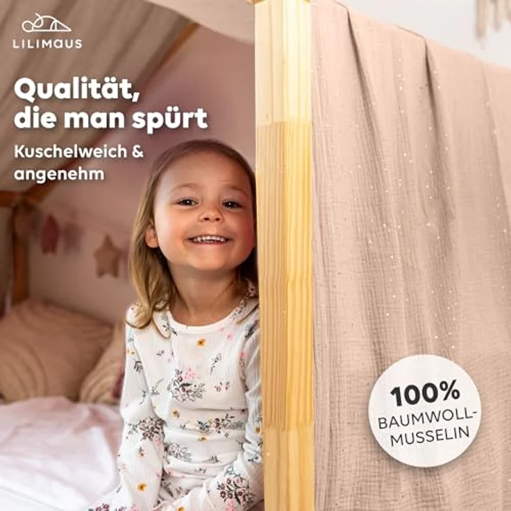 lilimaus Betthimmel Musselin Hausbett Himmel Kinderzimmer Baumwolle mit Gold, Gemütlicher Baldachin aus Baumwolle für traumhafte Kinderzimmer-Deko – Bild 3