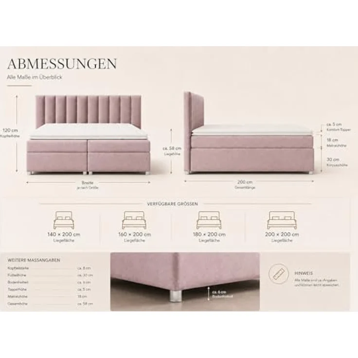 Best For Home Boxbett Trinity K-10, Rosa, Boxspringbett mit Bettkasten, 160x200 cm – Bild 3