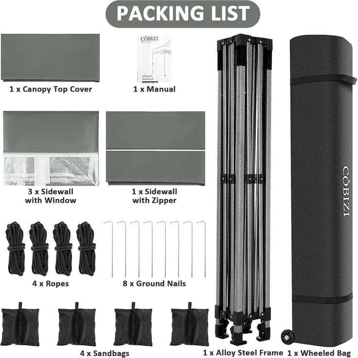 COBIZI Pavillon 3x3 Wasserdicht Stabil Winterfest mit Seitenwand u Sandsack,Popup Faltpavillon Partyzelt,Sonnenschutz Gartenpavillon für Strand Hochzeit Camping mit Tasche mit Rollen(3 mal 3m Grau) – Bild 6