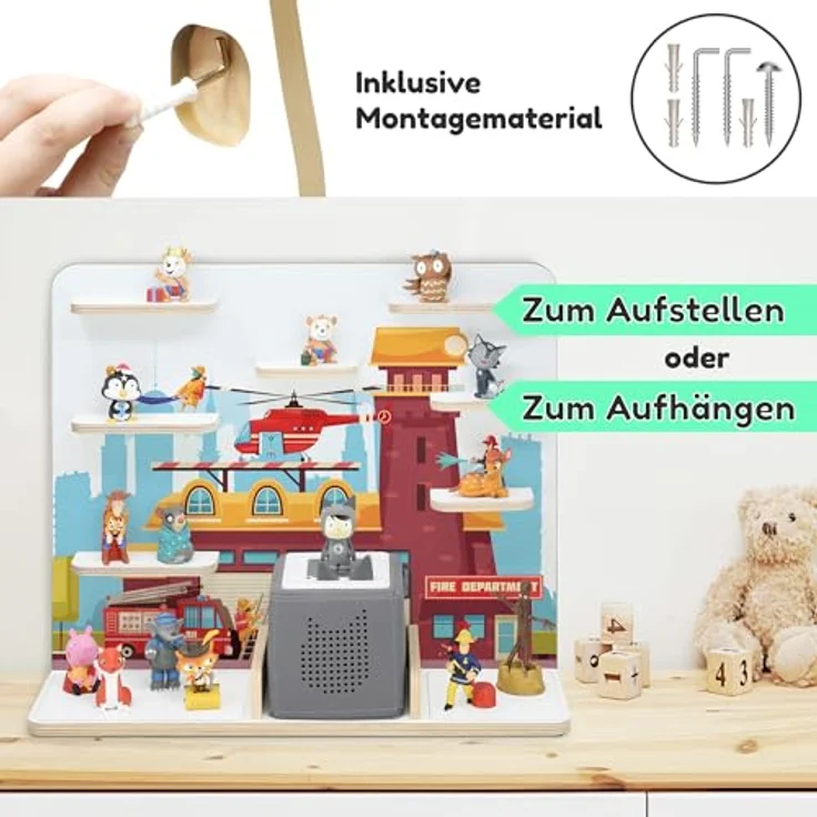 stadtecken Holzregal für Musikbox I Geeignet für die Toniebox und ca. 50 Tonies I Perfekte Tonie Aufbewahrung im Kinderzimmer I Zum Aufstellen oder Aufhängen (Feuerwehr, Groß) – Bild 7