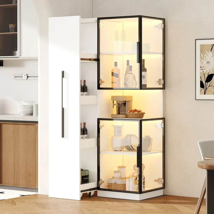 Vitrine 70x38x160 cm in Weiß mit Hartglas, Ausziehregalen und LED – Bild 2