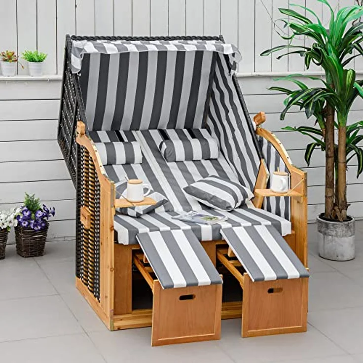Outsunny Doppelte Strandkorb, Grau, mit verstellbarer Rückenlehne, 2 Klapptischen und Fußstützen, 79x160x118 cm – Bild 2