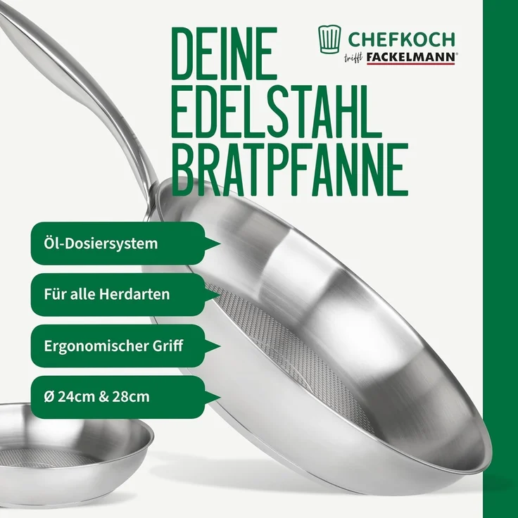 Chefkoch trifft Fackelmann Pfannen-Set 2er-Set Edelstahl Ø 28 & 24cm, Induktionsgeeignet, Spülmaschinenfest – Bild 2