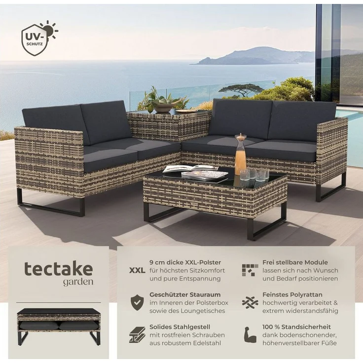tectake Loungeset Rattan Sitzgruppe, große Aufbewahrungsbox für 4 Personen, (Gartenlounge-set Ostuni, 4-tlg, 4-tlg. in Natur), widerstandsfähig und UV-beständig, Dicke der Polster 9 cm – Bild 1
