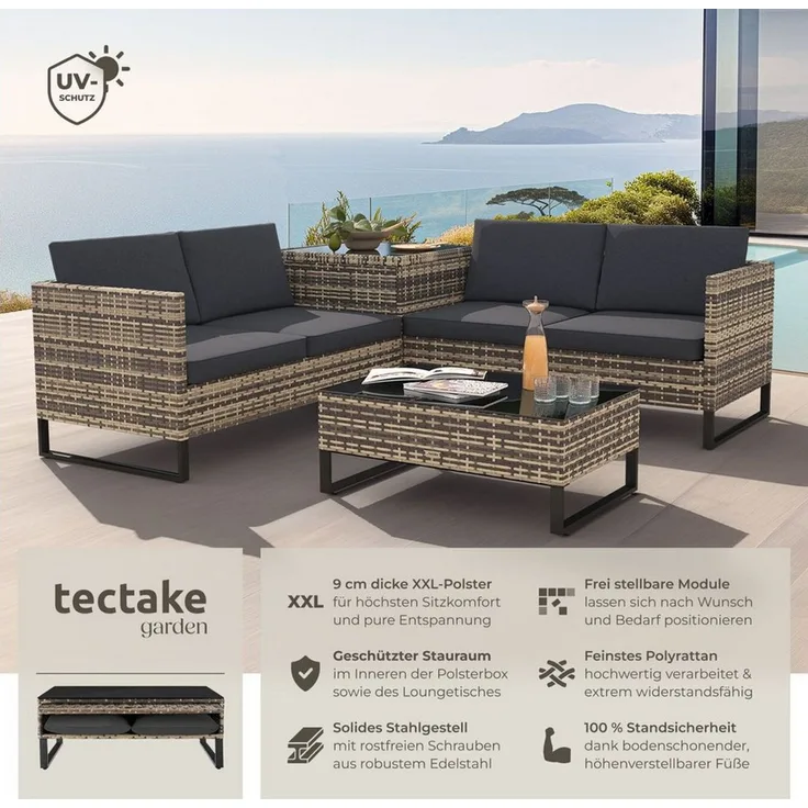 tectake Loungeset Rattan Sitzgruppe, große Aufbewahrungsbox für 4 Personen, (Gartenlounge-set Ostuni, 4-tlg, 4-tlg. in Natur), widerstandsfähig und UV-beständig, Dicke der Polster 9 cm