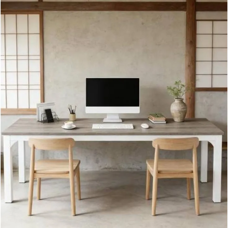 Schreibtisch für 2 Personen mit Metallgestell, 200x70x75 cm, Taupe/Weiß