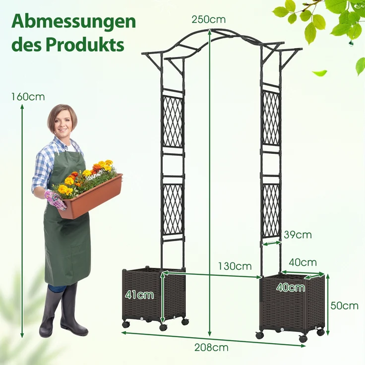 2 in 1 Rosenbogen mit Blumenkasten Gartenbogen aus Metall & PP Spalier Rankbogen Schwarz – Bild 2