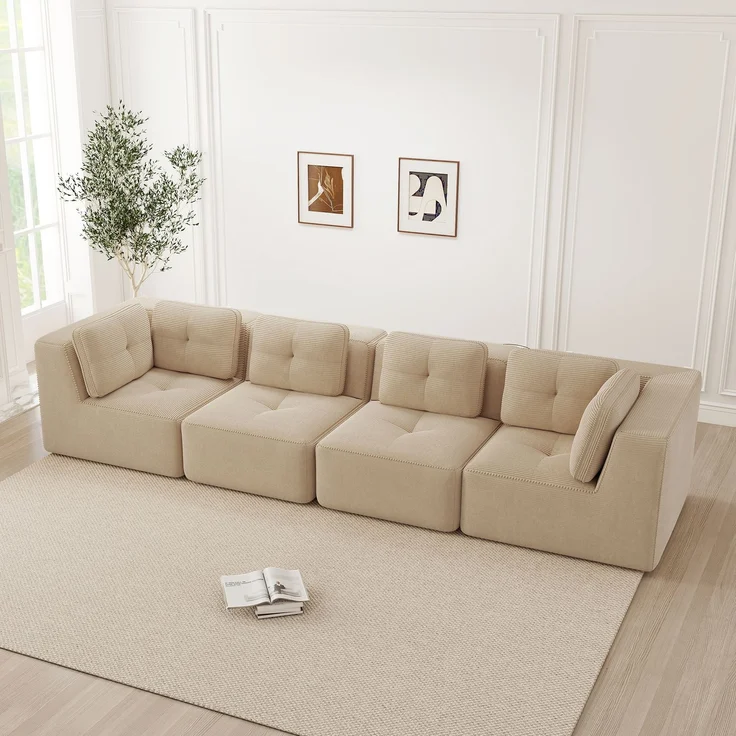 EINHOM Rahmenloses Wohnzimmersofa , modulares Ecksofa mit Eckelement, bequemes Viersitzer-Sofa mit tiefer Sitzfläche und weichen Kissen und Cordbezug, kein Aufbau erforderlich, rutschfestes Design, Beige – Bild 3