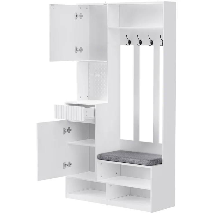 Garderobenset, Komplett-Set Flurgarderobe mit Sitzbank, 4 Haken, Türen & Schubladen - Weiß, Kompaktmaße 100×180×35 cm (B×H×T) – Bild 6