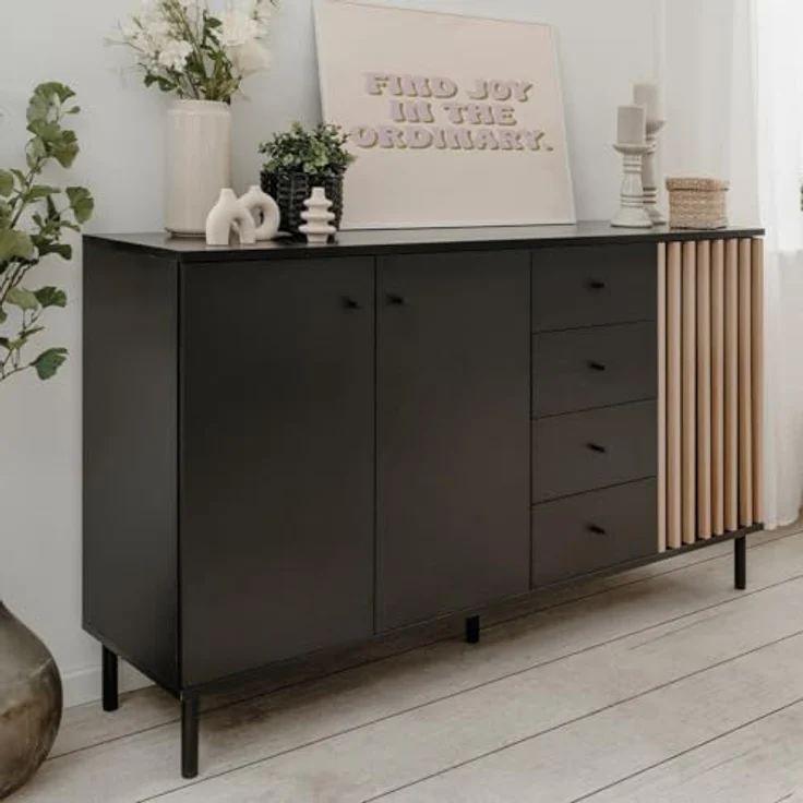 Livetastic Sideboard, Schwarz, Eiche Artisan, Metall, 2 Fächer, 4 Schubladen, 160x90x40 cm – Bild 2