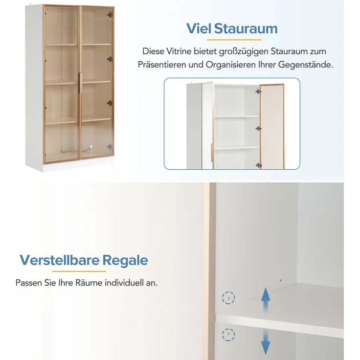 DESVIAE Vitrine 2er-Set mit LED-Beleuchtung, 160x160x40 cm, Spanplatte, Weiß mit braunem Glas – Bild 4