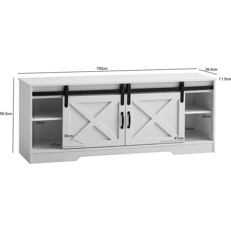 FineBuy Lowboard Weiß 150x59,5x39,5 cm TV-Kommode Landhaus-Stil Modern, Design TV-Schrank Hoch, Fernsehtisch Fernsehschrank mit zwei Schiebe-Türen, Fernsehkommode Wohnzimmer – Bild 3
