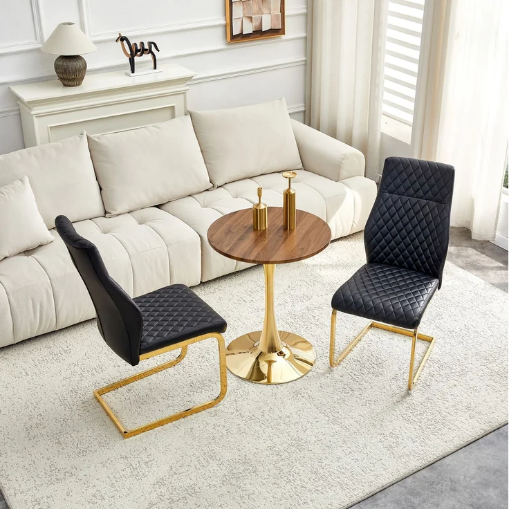 Couchtisch- und Stuhlset 60 cm – runder MDF-Tisch in Walnuss-Optik mit 2 schwarzen Stühlen, Metallgestell – Bild 2