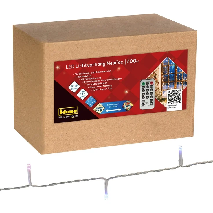 Idena LED-Lichtervorhang 200er NewTec, warmweiß/bunt, 2 x 1,5 m, mit Fernbedienung und Timer – Bild 1
